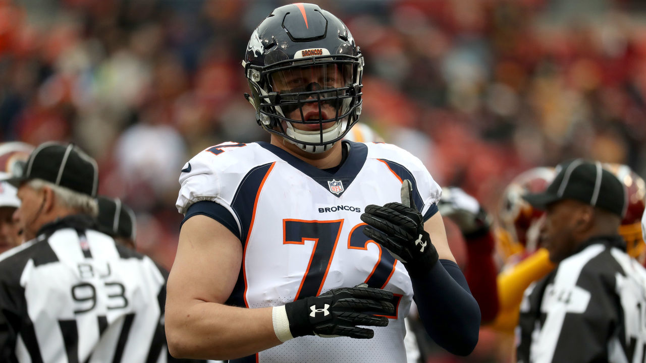 LANDOVER, MD - DECEMBER 24: Offensive tackle Garett Bolles #72 of the Denver Broncos looks on against the Washington Redskins at FedExField on December 24, 2017 in Landover, Maryland.