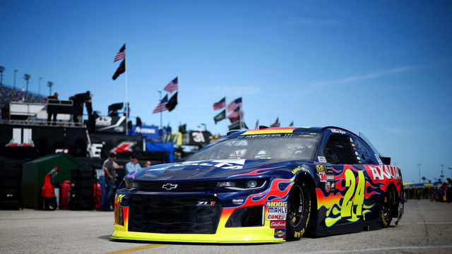 DAYTONA BEACH, FL - FEBRUARY 10: William Byron, driver of the #24 AXALTA Chevrolet, drives through the garage area during practice for the Monster Energy NASCAR Cup Series Advance Auto Parts Clash at Daytona International Speedway on February 10, 2018 in Daytona Beach, Florida.