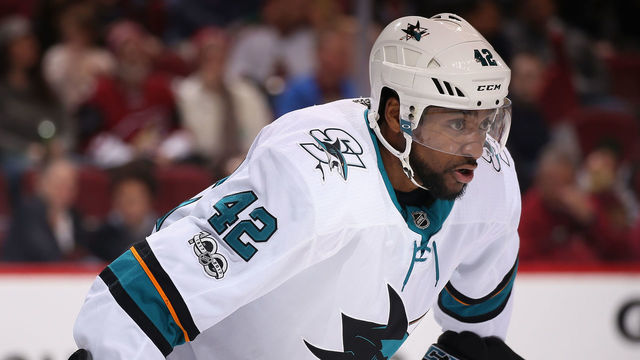 GLENDALE, AZ - NOVEMBER 22: Joel Ward #42 of the San Jose Sharks awaits a face off during the first period of the NHL game against the Arizona Coyotes at Gila River Arena on November 22, 2017 in Glendale, Arizona. The Sharks defeated the Coyotes 3-1.