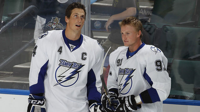 SUNRISE, FL - OCTOBER 1: Vincent Lecavalier #4 and Steven Stamkos #91 of the Tampa Bay Lightning talk during the warm up prior to the game against the Florida Panthers during a preseason game on October 1, 2010 at the BankAtlantic Center in Sunrise, Florida.