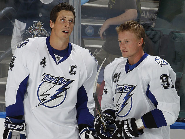 SUNRISE, FL - OCTOBER 1: Vincent Lecavalier #4 and Steven Stamkos #91 of the Tampa Bay Lightning talk during the warm up prior to the game against the Florida Panthers during a preseason game on October 1, 2010 at the BankAtlantic Center in Sunrise, Florida.