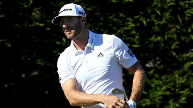 PEBBLE BEACH, CA - FEBRUARY 09: Dustin Johnson plays his shot from the second tee during Round Two of the AT&T Pebble Beach Pro-Am at Monterey Peninsula Country Club on February 9, 2018 in Pebble Beach, California.