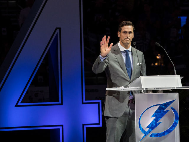TAMPA, FL - FEBRUARY 10: Former player Vincent Lecavalier of the Tampa Bay Lightning waves to fans during his jersey retirement ceremony at Amalie Arena on February 10, 2018 in Tampa, Florida.