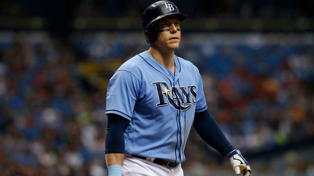 ST. PETERSBURG, FL - AUGUST 13: Logan Morrison #7 of the Tampa Bay Rays reacts after striking out swinging to pitcher Corey Kluber of the Cleveland Indians during the sixth inning of a game on August 13, 2017 at Tropicana Field in St. Petersburg, Florida.