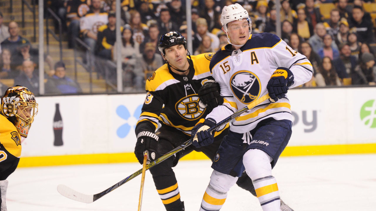 BOSTON, MA - FEBRUARY 10: Zdeno Chara #33 of the Boston Bruins against Jack Eichel #15 of the Buffalo Sabres at the TD Garden on February 10, 2018 in Brighton, Massachusetts.