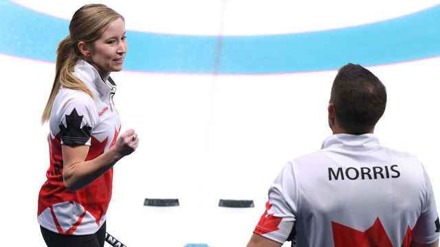 GANGNEUNG, SOUTH KOREA - FEBRUARY 10: Kaitlin Lawes of Canada celebrates an 8-2 win with John Morris over the Olympic Athlete from Russia team during the Curling Mixed Doubles Round Robin match on day one of the PyeongChang 2018 Winter Olympic Games at Gangneung Curling Centre on February 10, 2018 in Gangneung, South Korea.