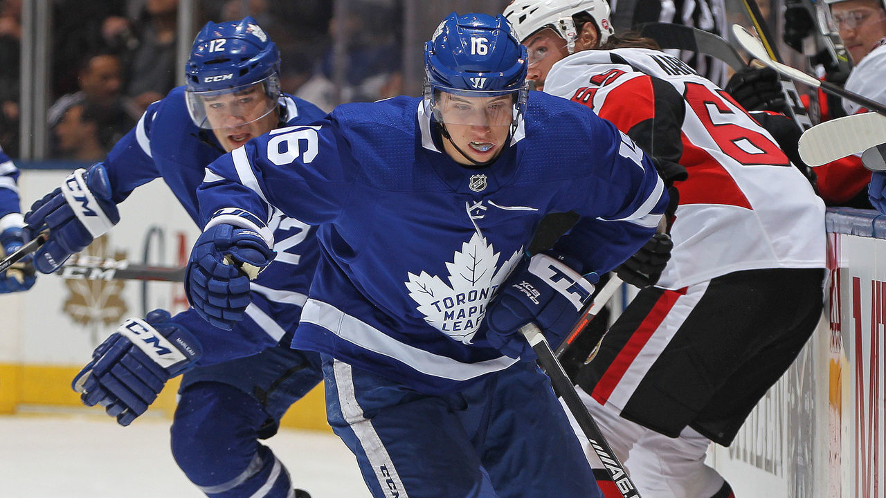 TORONTO, ON - FEBRUARY 10: Mitchell Marner #16 of the Toronto Maple Leafs breaks in for a shot against the Ottawa Senators during an NHL game at the Air Canada Centre on February 10, 2018 in Toronto, Ontario, Canada.