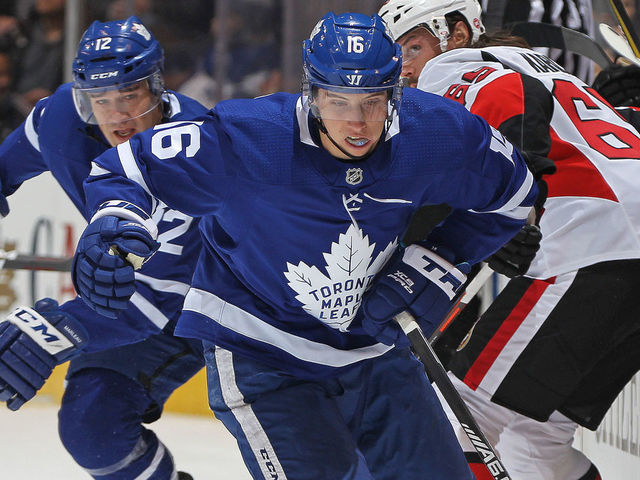 TORONTO, ON - FEBRUARY 10: Mitchell Marner #16 of the Toronto Maple Leafs breaks in for a shot against the Ottawa Senators during an NHL game at the Air Canada Centre on February 10, 2018 in Toronto, Ontario, Canada.