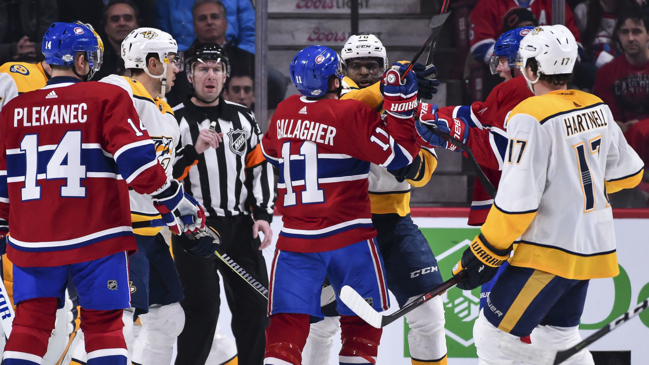 MONTREAL, QC - FEBRUARY 10: P.K. Subban #76 of the Nashville Predators and Brendan Gallagher #11 of the Montreal Canadiens get involved in a scuffle during the NHL game at the Bell Centre on February 10, 2018 in Montreal, Quebec, Canada.