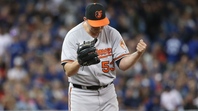 TORONTO, CANADA - SEPTEMBER 28: Zach Britton #53 of the Baltimore Orioles celebrates their victory during MLB game action against the Toronto Blue Jays on September 28, 2016 at Rogers Centre in Toronto, Ontario, Canada.