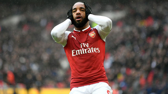 LONDON, ENGLAND - FEBRUARY 10: Alexandre Lacazette of Arsenal reacts following a missed chance during the Premier League match between Tottenham Hotspur and Arsenal at Wembley Stadium on February 10, 2018 in London, England.