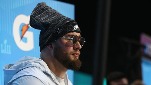 ST PAUL, MN - JANUARY 29: Lane Johnson #65 of the Philadelphia Eagles speaks to the media during Super Bowl Media Day at Xcel Energy Center on January 29, 2018 in St Paul, Minnesota. Super Bowl LII will be played between the New England Patriots and the Philadelphia Eagles on February 4.