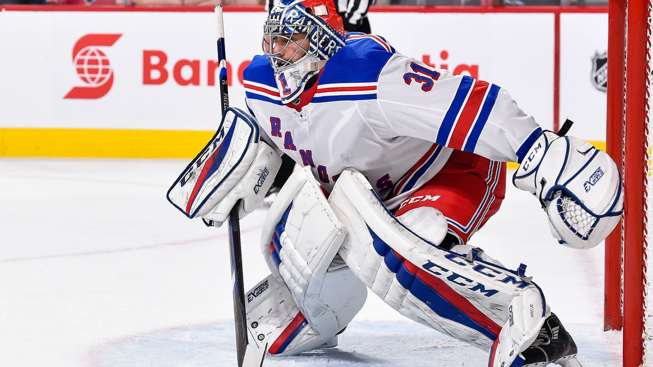 MONTREAL, QC - OCTOBER 28: Goaltender Ondrej Pavelec #31 of the New York Rangers protects his net against the Montreal Canadiens during the NHL game at the Bell Centre on October 28, 2017 in Montreal, Quebec, Canada. The Montreal Canadiens defeated the New York Rangers 5-4.