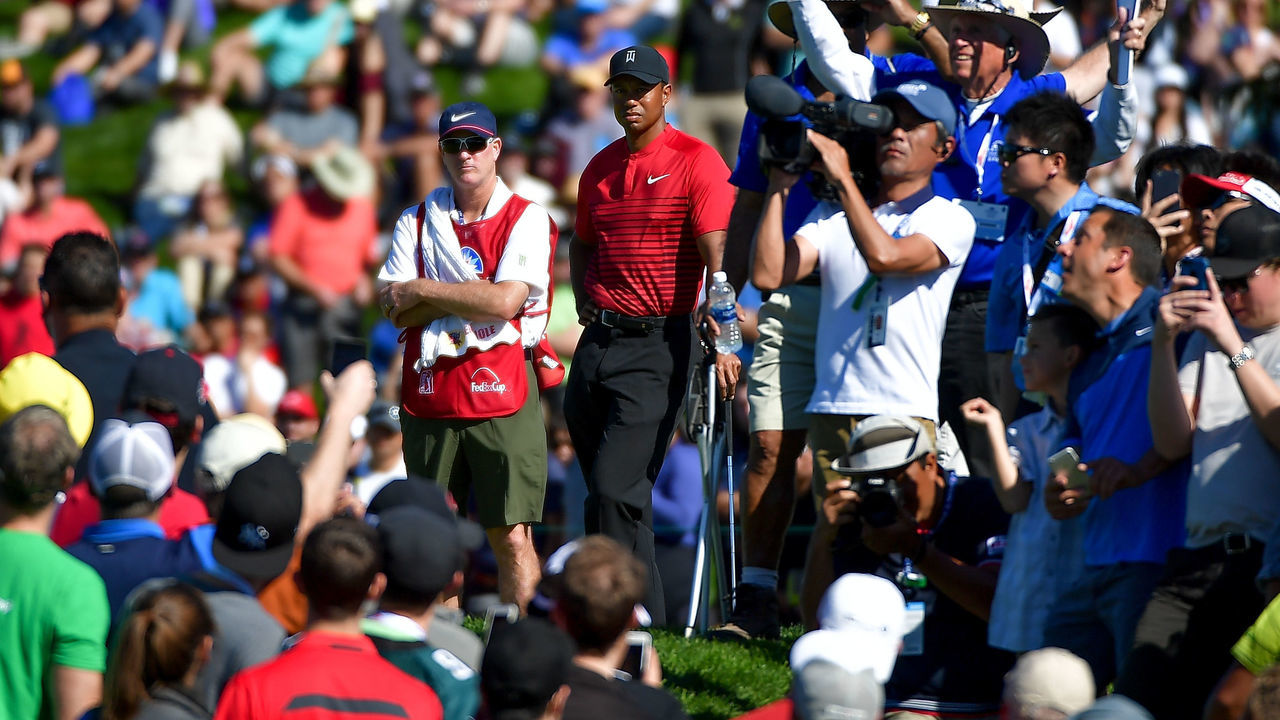SAN DIEGO, CA - JANUARY 28: Tiger Woods among the gallery during the final round of the Farmers Insurance Open at Torrey Pines South on January 28, 2018 in San Diego, California.