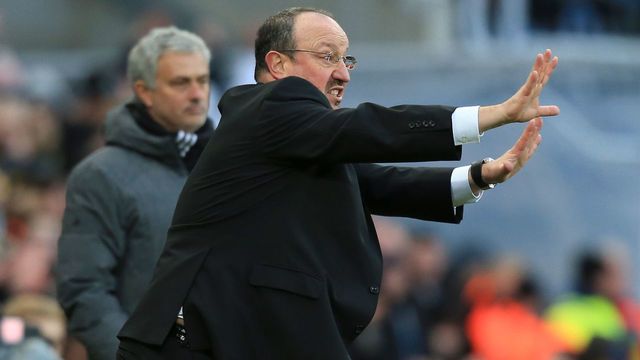 Newcastle United's Spanish manager Rafael Benitez (R) gestures on the touchline during the English Premier League football match between Newcastle United and Manchester United at St James' Park in Newcastle-upon-Tyne, north east England on February 11, 2018. / AFP PHOTO / Lindsey PARNABY /