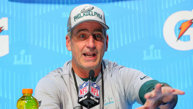 MINNEAPOLIS, MN - JANUARY 29: Philadelphia Eagles offensive coordinator Frank Reich answers questions during Super Bowl LII Opening Night on January 29, 2018. at the Xcel Energy Center in Minneapolis, MN.
