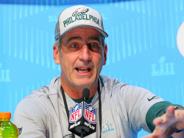 MINNEAPOLIS, MN - JANUARY 29: Philadelphia Eagles offensive coordinator Frank Reich answers questions during Super Bowl LII Opening Night on January 29, 2018. at the Xcel Energy Center in Minneapolis, MN.