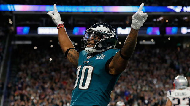 MINNEAPOLIS, MN - FEBRUARY 04: Corey Clement #30 of the Philadelphia Eagles celebrates the play against the New England Patriots during the second quarter in Super Bowl LII at U.S. Bank Stadium on February 4, 2018 in Minneapolis, Minnesota.