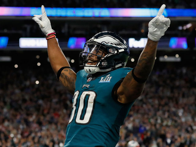 Philadelphia Eagles' Corey Clement celebrates after scoring a