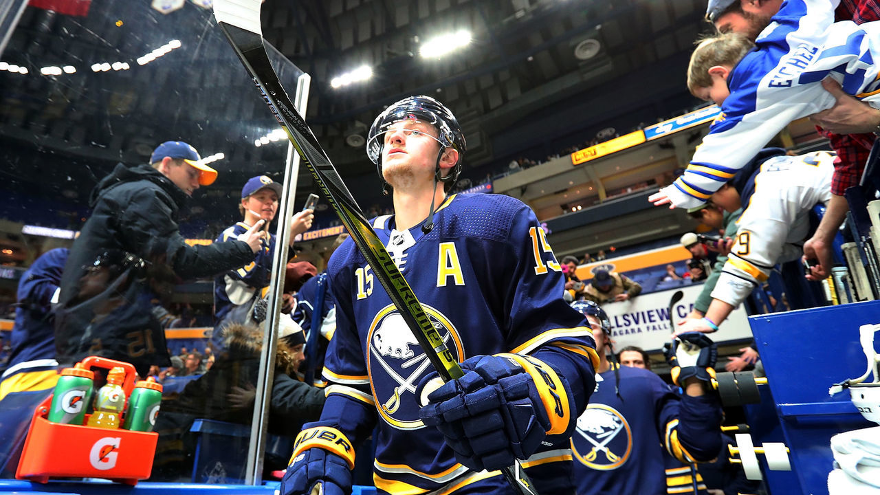 BUFFALO, NY - JANUARY 9: Jack Eichel #15 of the Buffalo Sabres heads to the ice to warm up before the game against the Winnipeg Jets at the KeyBank Center on January 9, 2018 in Buffalo, New York.