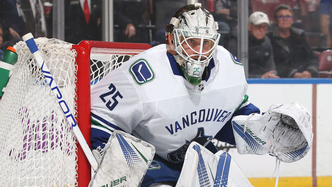 SUNRISE, FL - FEBRUARY 6: Goaltender Jacob Markstrom #25 of the Vancouver Canucks defends the net against the Florida Panthers during first period action at the BB&T Center on February 6, 2018 in Sunrise, Florida. The Panthers defeated the Canucks 3-1.