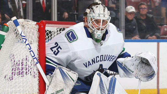SUNRISE, FL - FEBRUARY 6: Goaltender Jacob Markstrom #25 of the Vancouver Canucks defends the net against the Florida Panthers during first period action at the BB&T Center on February 6, 2018 in Sunrise, Florida. The Panthers defeated the Canucks 3-1.