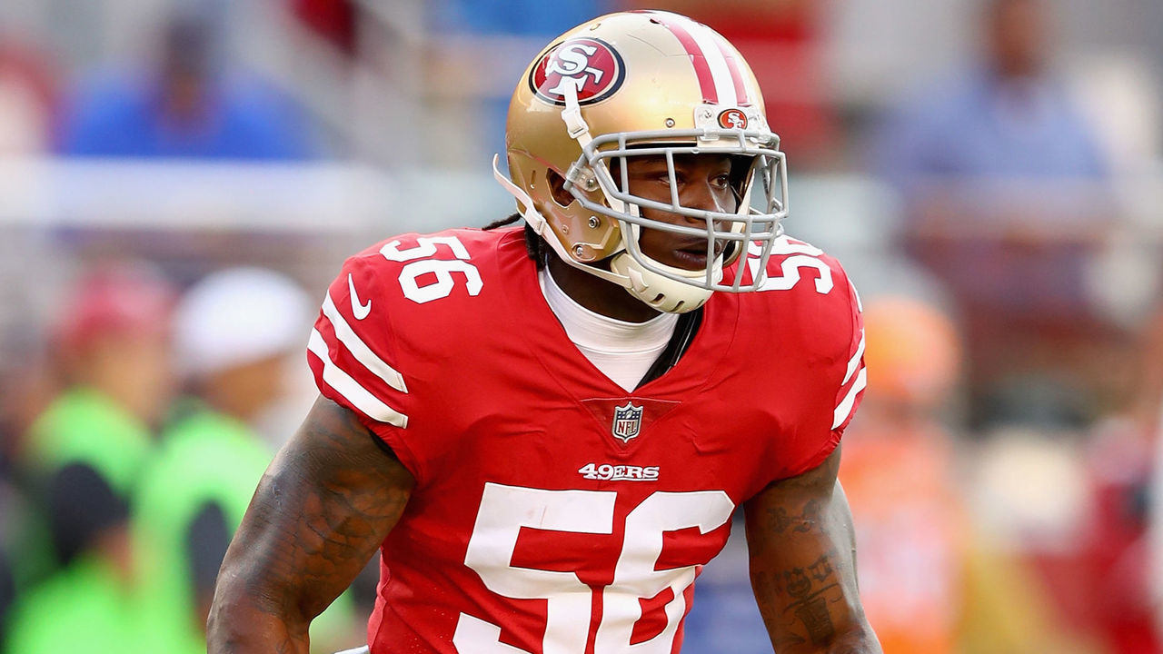 SANTA CLARA, CA - AUGUST 19: Reuben Foster #56 of the San Francisco 49ers warms up before their game against the Denver Broncos at Levi's Stadium on August 19, 2017 in Santa Clara, California.