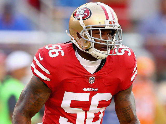 SANTA CLARA, CA - AUGUST 19: Reuben Foster #56 of the San Francisco 49ers warms up before their game against the Denver Broncos at Levi's Stadium on August 19, 2017 in Santa Clara, California.