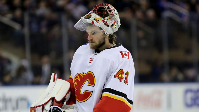 NEW YORK, NY - FEBRUARY 09: Mike Smith #41 of the Calgary Flames reacts in the second period against the New York Rangers during their game at Madison Square Garden on February 9, 2018 in New York City.
