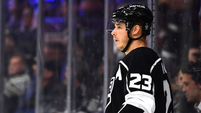 LOS ANGELES, CA - NOVEMBER 16: Dustin Brown #23 of the Los Angeles Kings waits during a stop in play against the Boston Bruins at Staples Center on November 16, 2017 in Los Angeles, California.