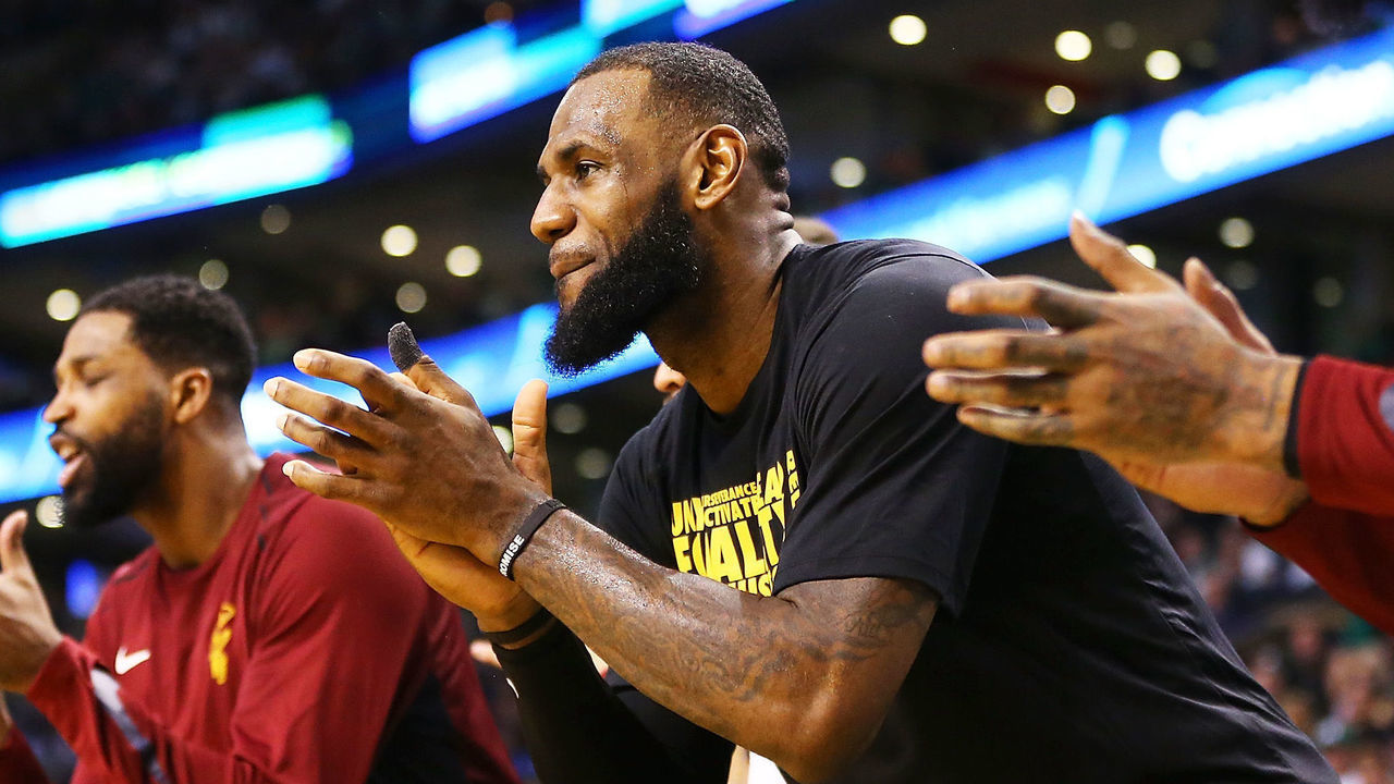 BOSTON, MA - FEBRUARY 11: Lebron James #23 of the Cleveland Cavaliers reacts in the second half during a game against the Boston Celtics at TD Garden on February 11, 2018 in Boston, Massachusetts.