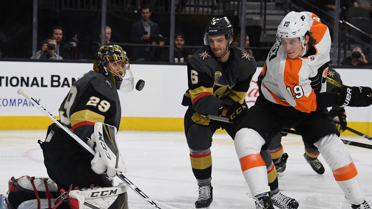 LAS VEGAS, NV - FEBRUARY 11: Marc-Andre Fleury #29 of the Vegas Golden Knights blocks a Philadelphia Flyers shot as Colin Miller #6 of the Golden Knights and Nolan Patrick #19 of the Philadelphia Flyers wait for a rebound in the first period of their game at T-Mobile Arena on February 11, 2018 in Las Vegas, Nevada.
