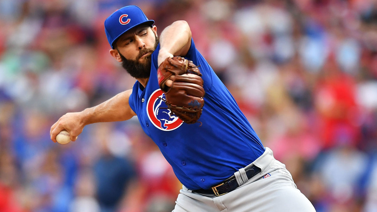 CINCINNATI, OH - AUGUST 24: Jake Arrieta #49 of the Chicago Cubs pitches in the second inning against the Cincinnati Reds at Great American Ball Park on August 24, 2017 in Cincinnati, Ohio.