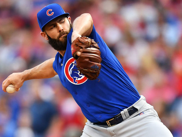 CINCINNATI, OH - AUGUST 24: Jake Arrieta #49 of the Chicago Cubs pitches in the second inning against the Cincinnati Reds at Great American Ball Park on August 24, 2017 in Cincinnati, Ohio.