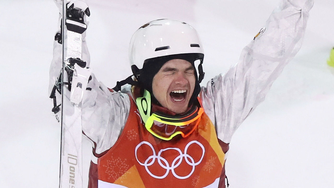 PYEONGCHANG-GUN, SOUTH KOREA - FEBRUARY 12: Gold medalist Mikael Kingsbury of Canada celebrates winning the Freestyle Skiing Men's Moguls Final on day three of the PyeongChang 2018 Winter Olympic Games at Phoenix Snow Park on February 12, 2018 in Pyeongchang-gun, South Korea.