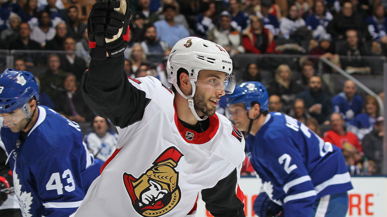TORONTO, ON - FEBRUARY 10: Derrick Brassard #19 of the Ottawa Senators celebrates a goal against the Toronto Maple Leafs during an NHL game at the Air Canada Centre on February 10, 2018 in Toronto, Ontario, Canada. The Maple Leafs defeated the Senators 6-3.