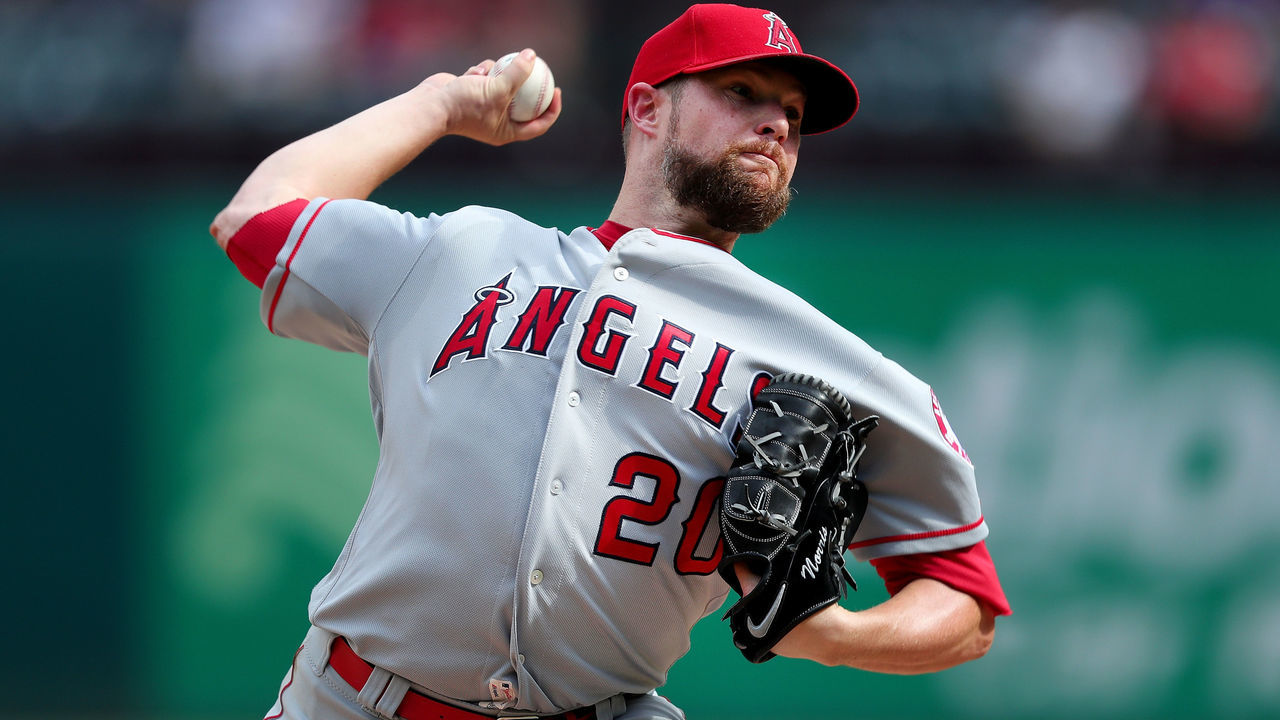 ARLINGTON, TX - JULY 09: Bud Norris #20 of the Los Angeles Angels pitches against the Texas Rangers in the bottom of the ninth inning at Globe Life Park in Arlington on July 9, 2017 in Arlington, Texas.