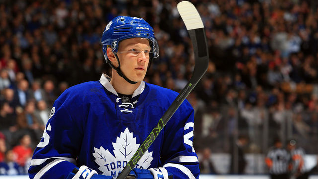 TORONTO, CANADA - MARCH 07: Nikita Soshnikov #26 of the Toronto Maple Leafs looks on during an NHL game against the Detroit Red Wings at Air Canada Centre on March 7, 2017 in Toronto, Canada.