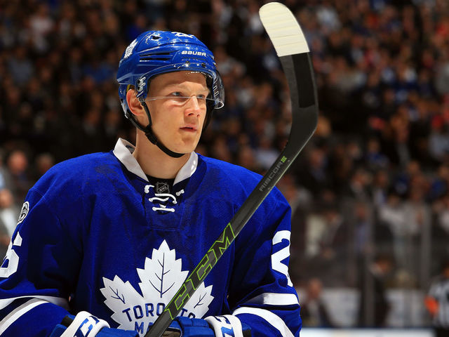 TORONTO, CANADA - MARCH 07: Nikita Soshnikov #26 of the Toronto Maple Leafs looks on during an NHL game against the Detroit Red Wings at Air Canada Centre on March 7, 2017 in Toronto, Canada.