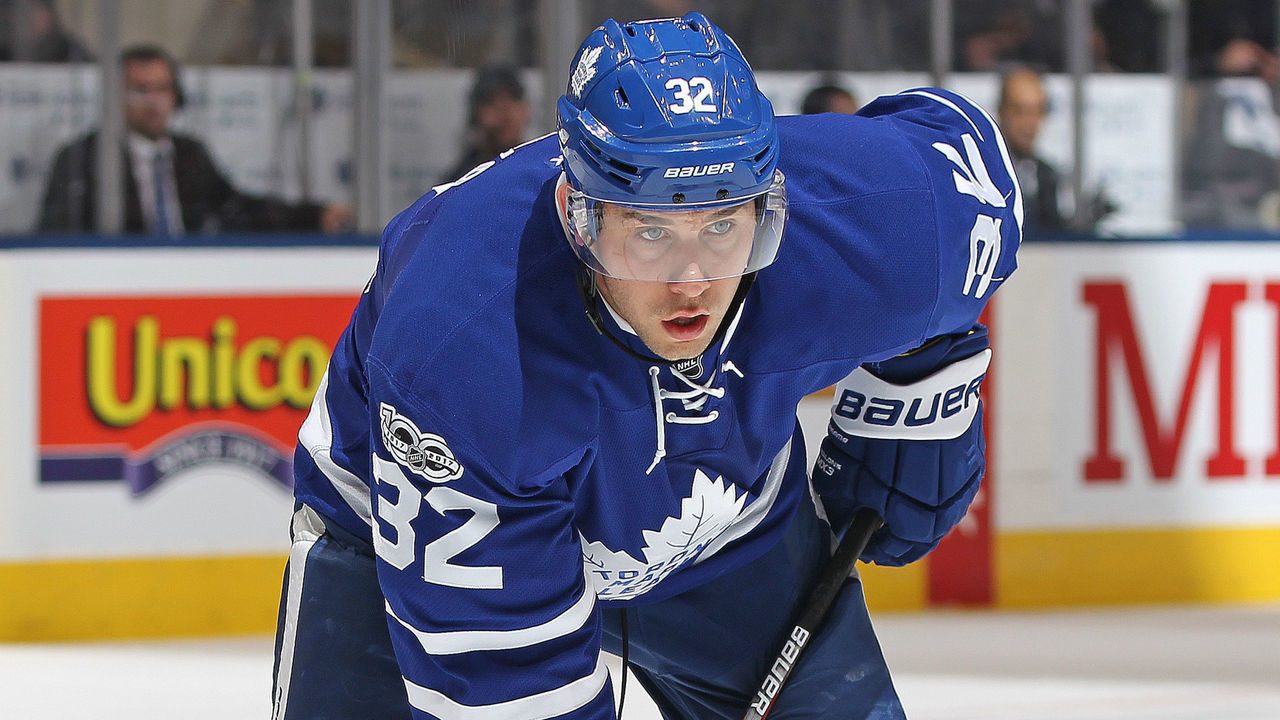 TORONTO, ON - FEBRUARY 25: Josh Leivo #32 of the Toronto Maple Leafs waits for a faceoff against the Montreal Canadiens during an NHL game at the Air Canada Centre on February 25, 2017 in Toronto, Ontario, Canada. The Canadiens defeated the Maple Leafs 3-2 in overtime.