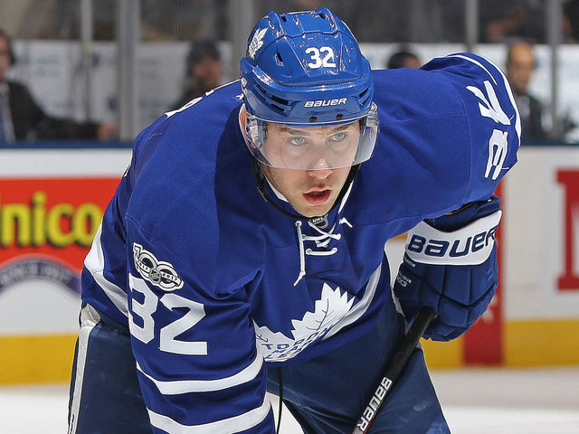 TORONTO, ON - FEBRUARY 25: Josh Leivo #32 of the Toronto Maple Leafs waits for a faceoff against the Montreal Canadiens during an NHL game at the Air Canada Centre on February 25, 2017 in Toronto, Ontario, Canada. The Canadiens defeated the Maple Leafs 3-2 in overtime.