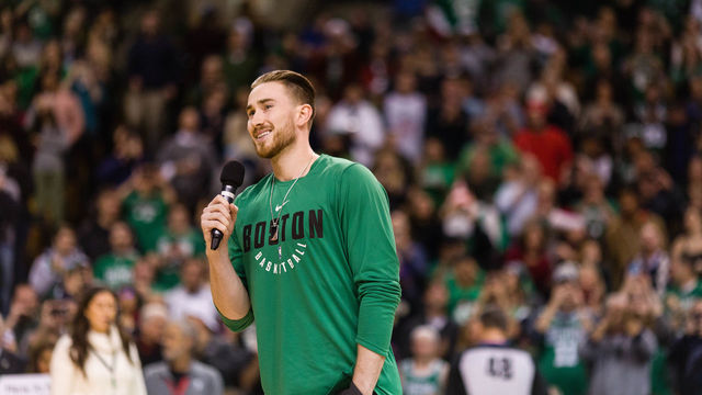 BOSTON, MA - DECEMBER 25: Gordon Hayward #20 of the Boston Celtics addresses the crowd before the game between Boston Celtics and the Washington Wizards at TD Garden on December 25, 2017 in Boston, Massachusetts.