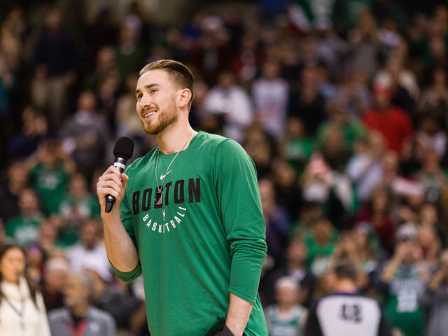 BOSTON, MA - DECEMBER 25: Gordon Hayward #20 of the Boston Celtics addresses the crowd before the game between Boston Celtics and the Washington Wizards at TD Garden on December 25, 2017 in Boston, Massachusetts.