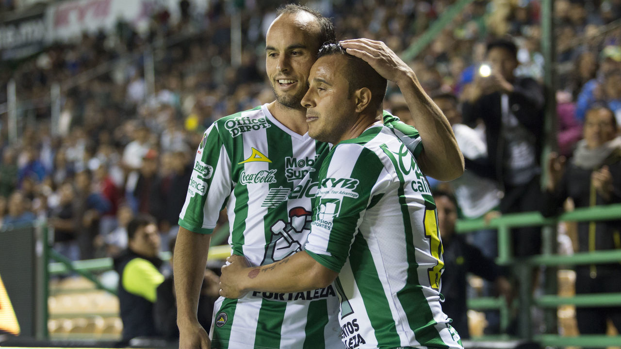 LEON, MEXICO - FEBRUARY 10: Landon Donovan and Luis Montes of Leon celebrate after winning the 6th round match between Leon and Puebla as part of the Torneo Clausura 2018 Liga MX at Leon Stadium on February 10, 2018 in Leon, Mexico.