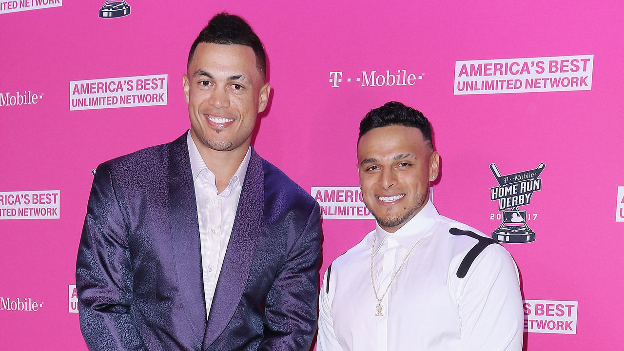 MIAMI BEACH, FL - JULY 10: Giancarlo Stanton and Aj Ramos arrive at the T-Mobile Presents Derby After Dark at Faena Forum on July 10, 2017 in Miami Beach, Florida.