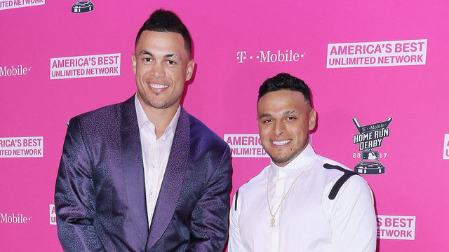 MIAMI BEACH, FL - JULY 10: Giancarlo Stanton and Aj Ramos arrive at the T-Mobile Presents Derby After Dark at Faena Forum on July 10, 2017 in Miami Beach, Florida.