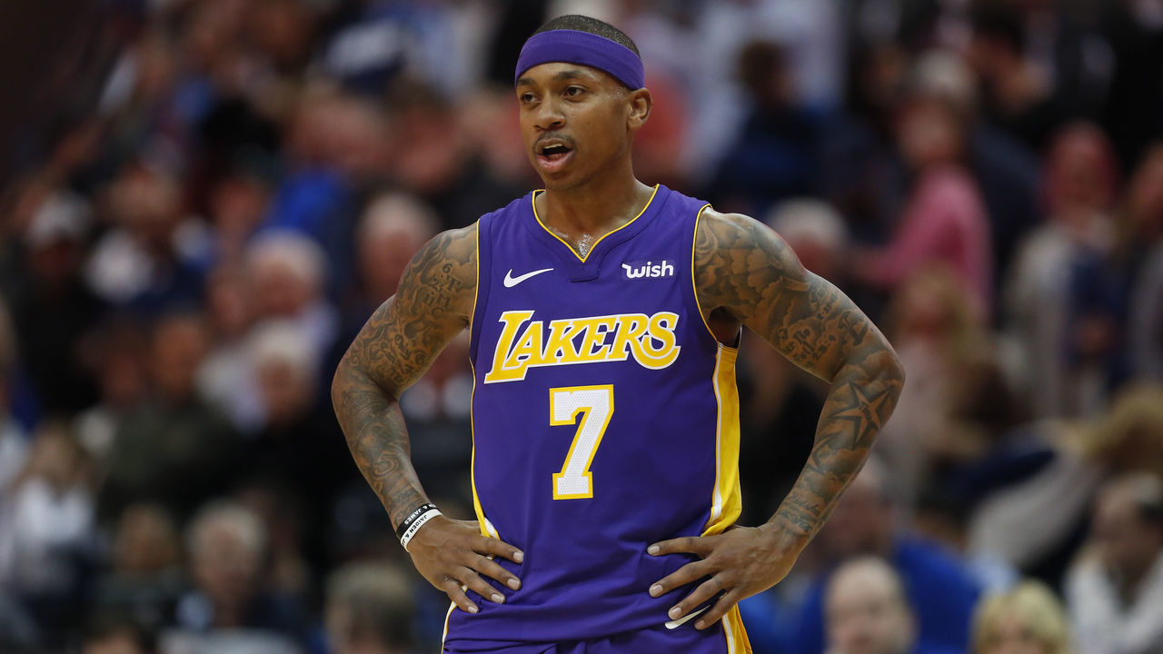 DALLAS, TX - FEBRUARY 10: Isaiah Thomas #7 of the Los Angeles Lakers reacts as the Lakers play the Dallas Mavericks in the second half at American Airlines Center on February 10, 2018 in Dallas, Texas. The Mavericks won 130-123.