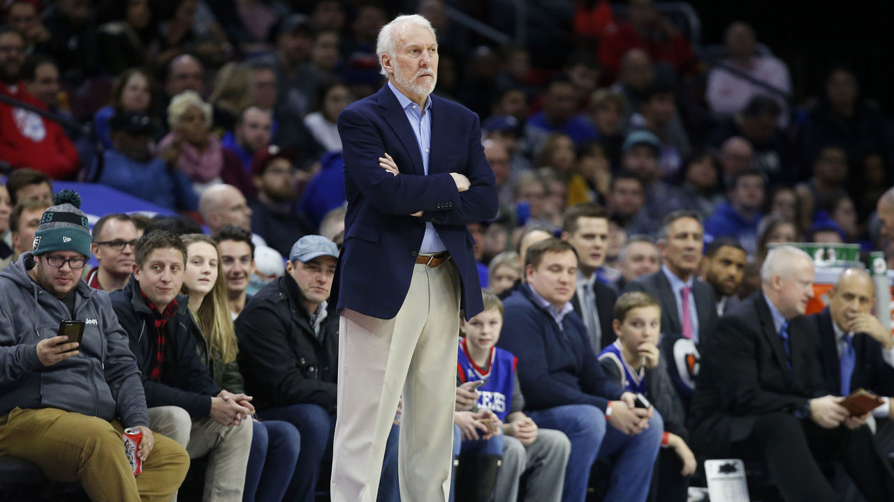 PHILADELPHIA, PA - JANUARY 3: Head coach Gregg Popovich of the San Antonio Spurs follows the game against the Philadelphia 76ers in the first half at Wells Fargo Center on January 3, 2018 in Philadelphia, Pennsylvania.