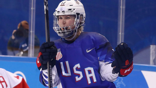 GANGNEUNG, SOUTH KOREA - FEBRUARY 13: Jocelyne Lamoureux #17 of the United States celebrates scoring a second period goal against Olympic Athletes from Russia during the Women's Ice Hockey Preliminary Round - Group A game on day four of the PyeongChang 2018 Winter Olympic Games at Kwandong Hockey Centre on February 13, 2018 in Gangneung, South Korea.