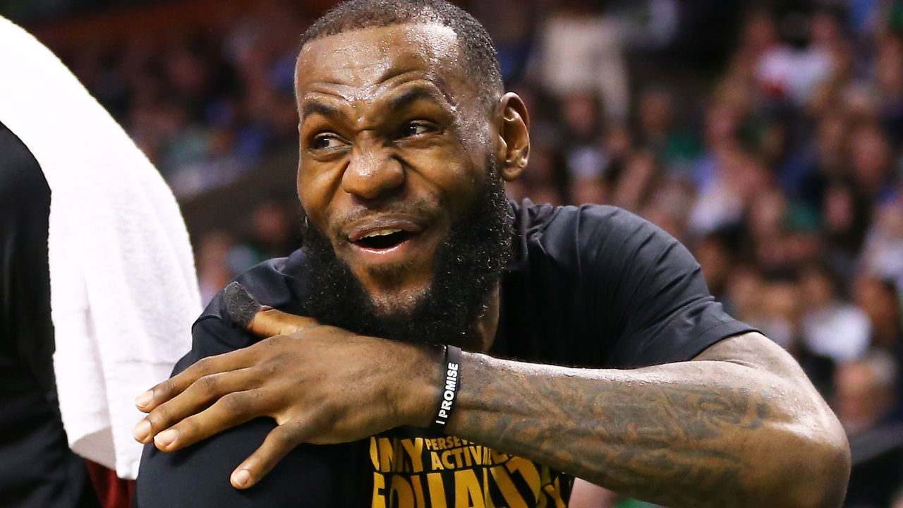 BOSTON, MA - FEBRUARY 11: Lebron James #23 of the Cleveland Cavaliers reacts in the second half during a game against the Boston Celtics at TD Garden on February 11, 2018 in Boston, Massachusetts.